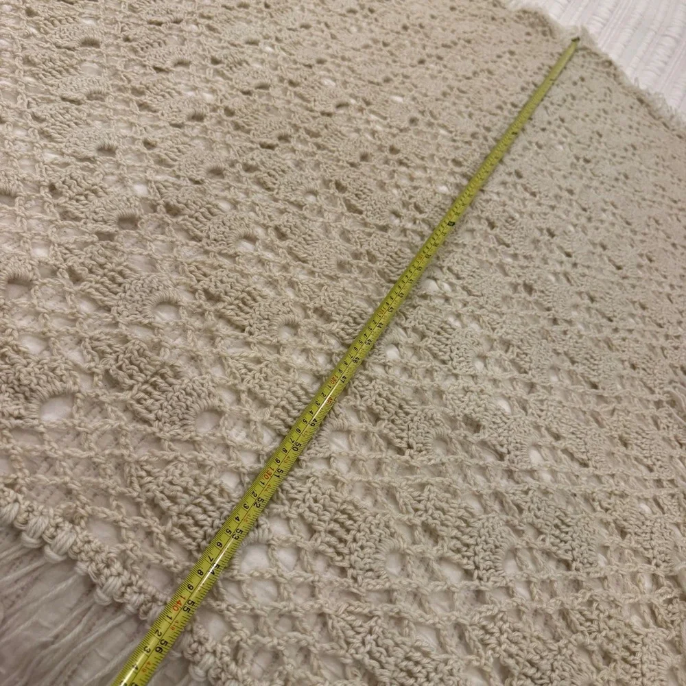 Vintage Handmade Crochet Throw Blanket Beige Boho Shell Stitch Fringe 66x56